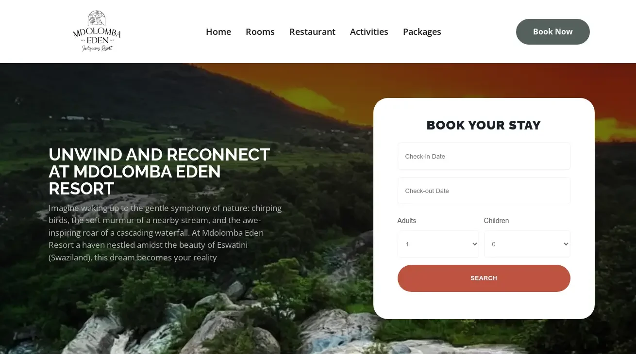 Screenshot of the Mdolomba Eden Resort website design featuring a scenic natural backdrop and an integrated booking section.