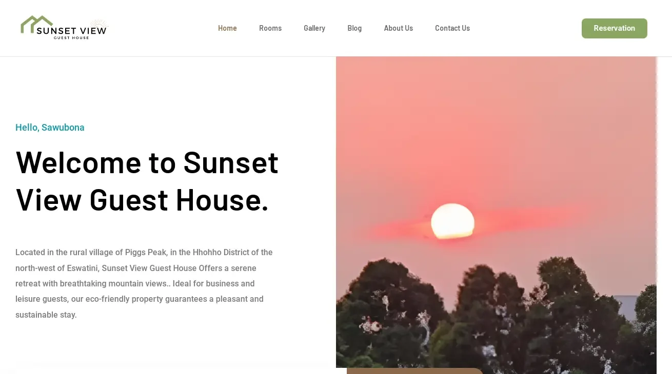 Screenshot of the Sunset View Guest House website design showcasing a serene sunset and user-friendly booking interface.